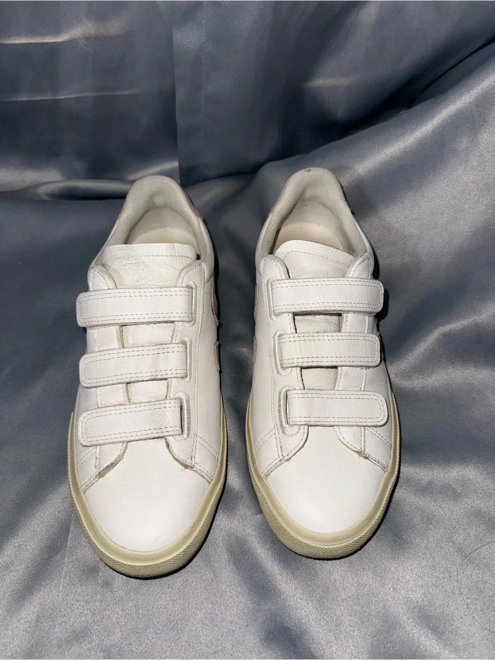 Veja White Sneakers with Pale Pink Accents - Women's Velcro Trainers